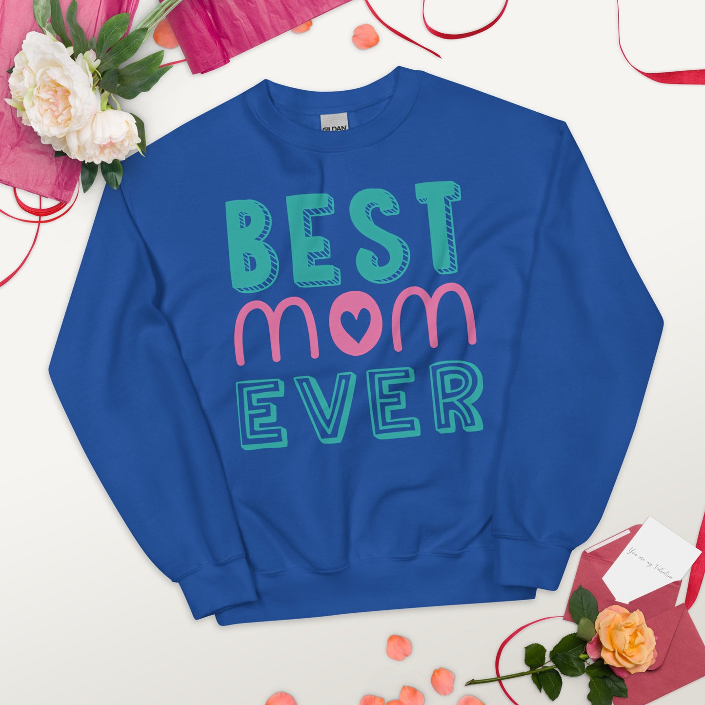 royal blue sweatshirt with text best MOM ever