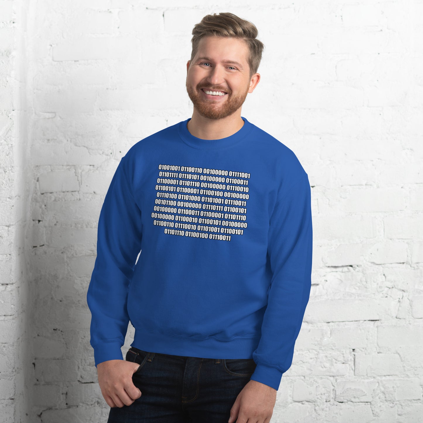 Men with royal blue sweatshirt with binaire text "If you can read this"