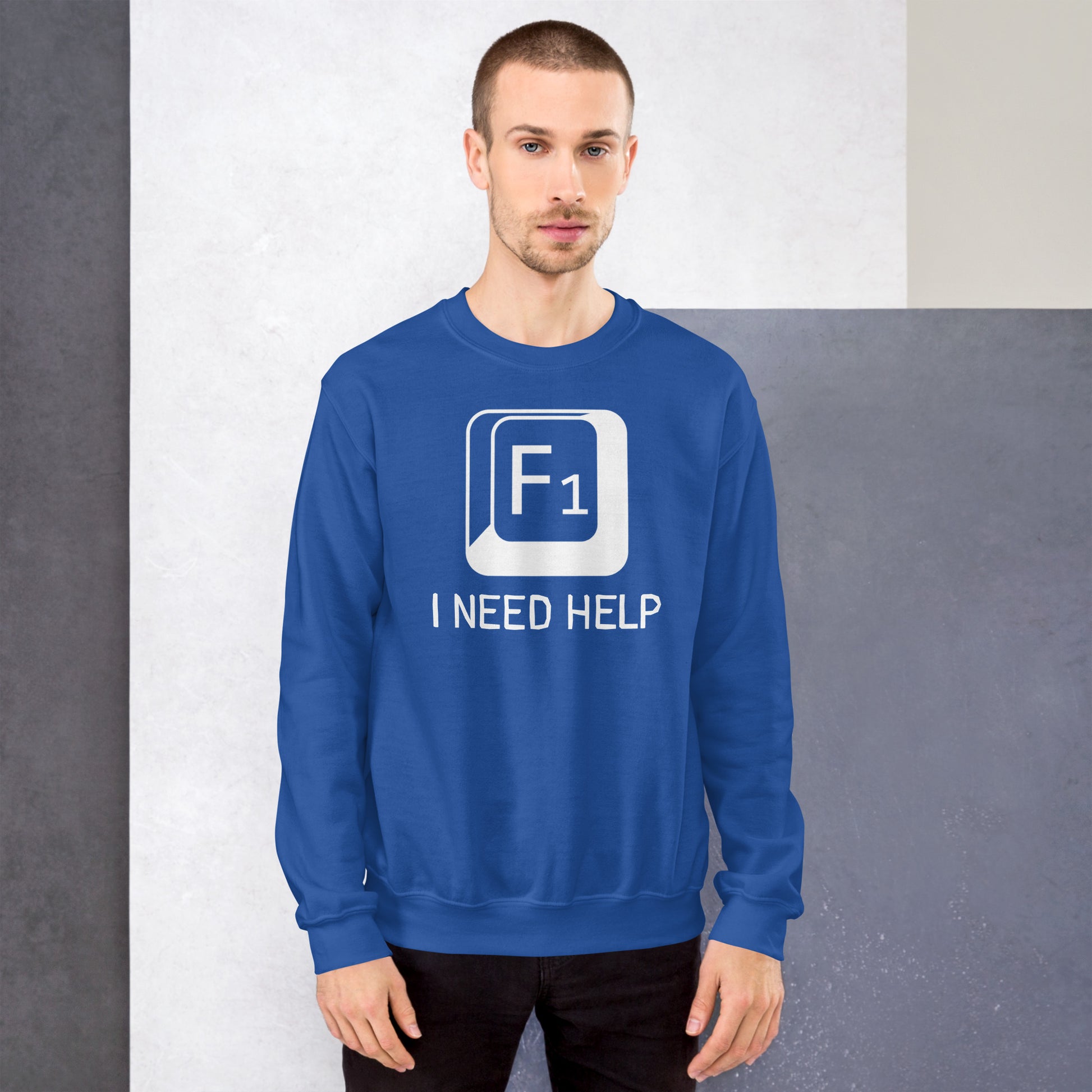 Men with royal blue sweatshirt and a picture of F1 key with text "I need help"