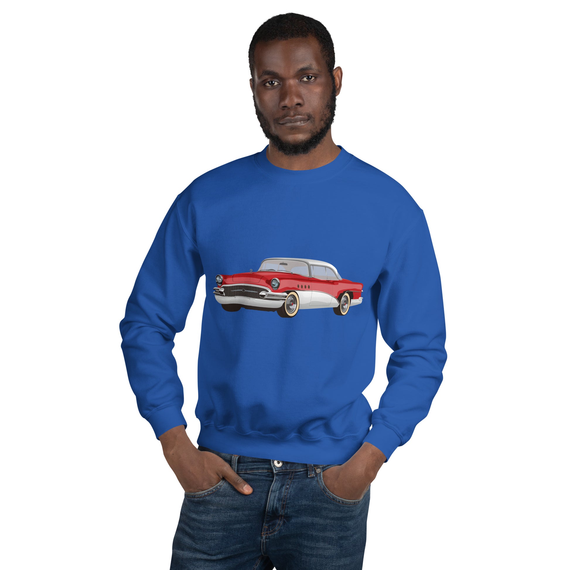 Man with royal blue sweatshirt with red chevrolet