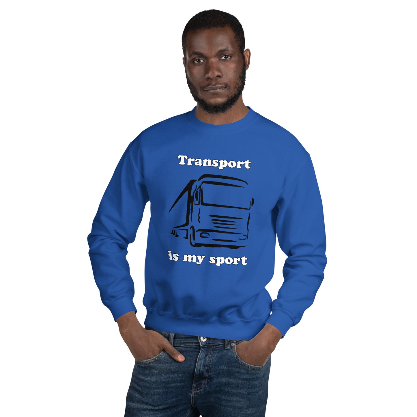 Man with royal blue sweatshirt with picture of truck and text "Transport is my sport"