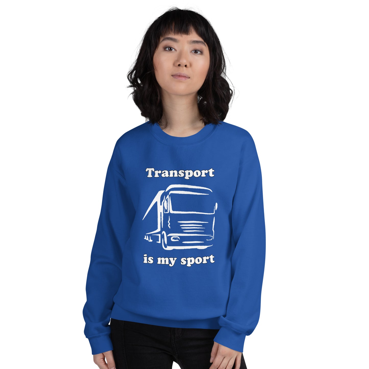 Woman with royal blue sweatshirt with picture of truck and text "Transport is my sport"