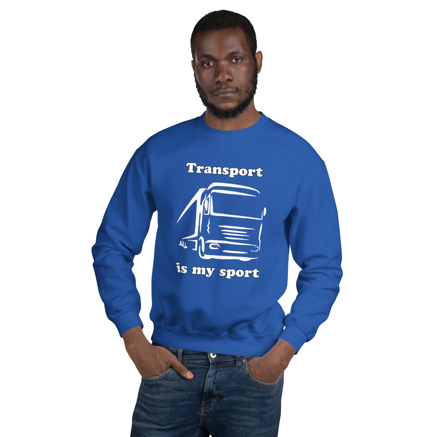 Man with royal blue sweatshirt with picture of truck and text "Transport is my sport"