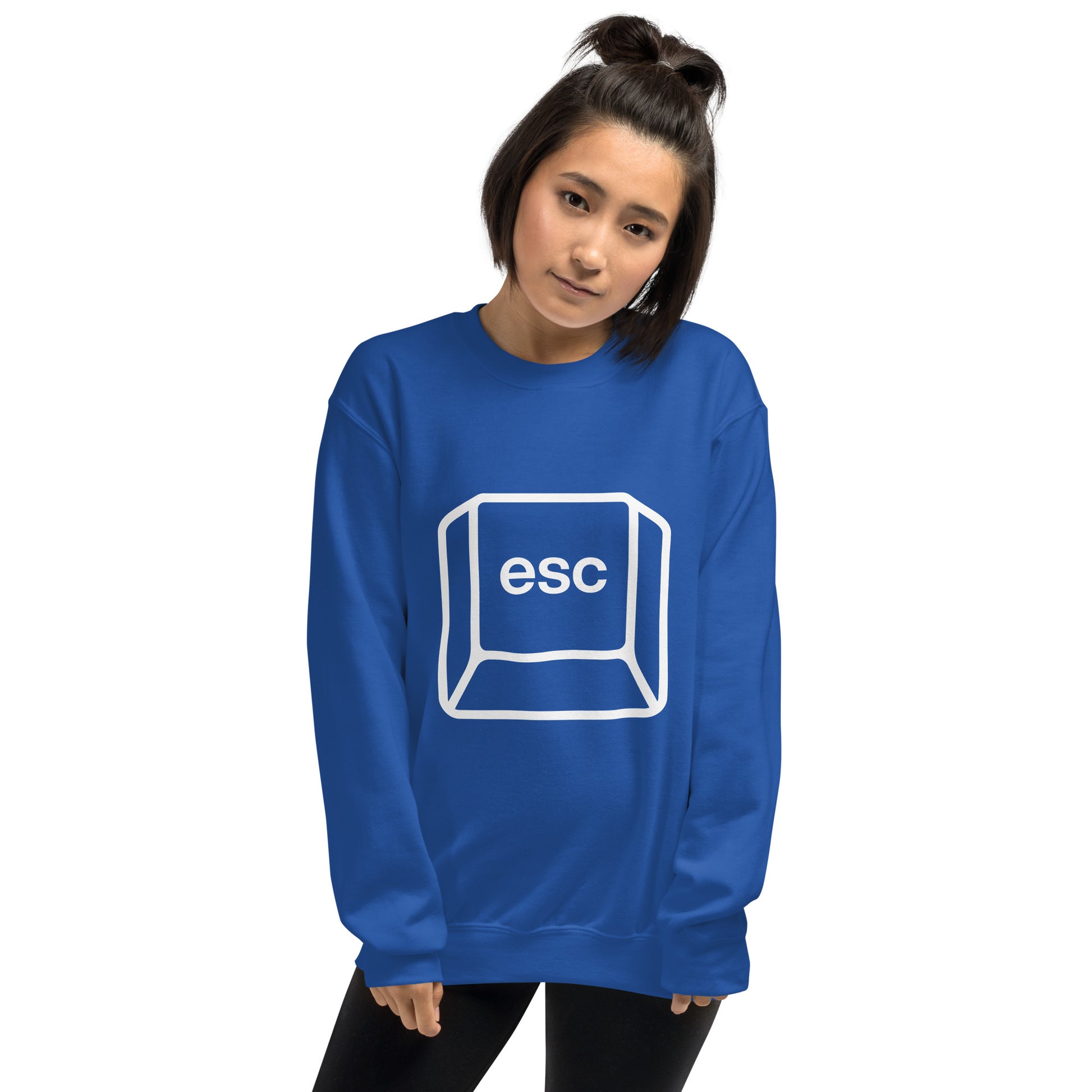 Woman with royal blue sweatshirt with picture of esc key
