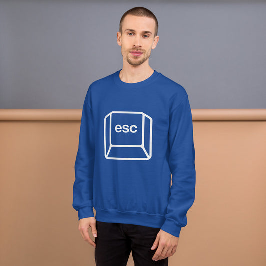 Man with royal blue sweatshirt with picture of esc key