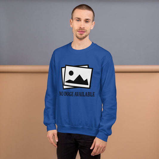 Men with royal blue sweatshirt with image and text "no image available"