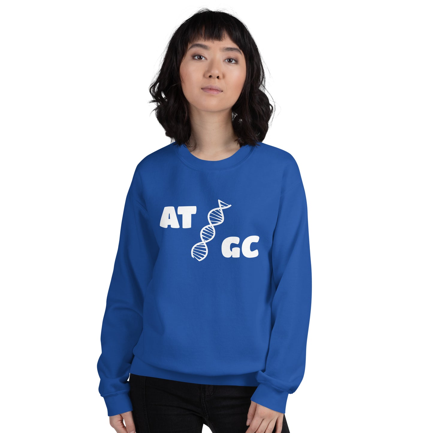 Women with royal blue sweatshirt with image of a DNA string and the text "ATGC"