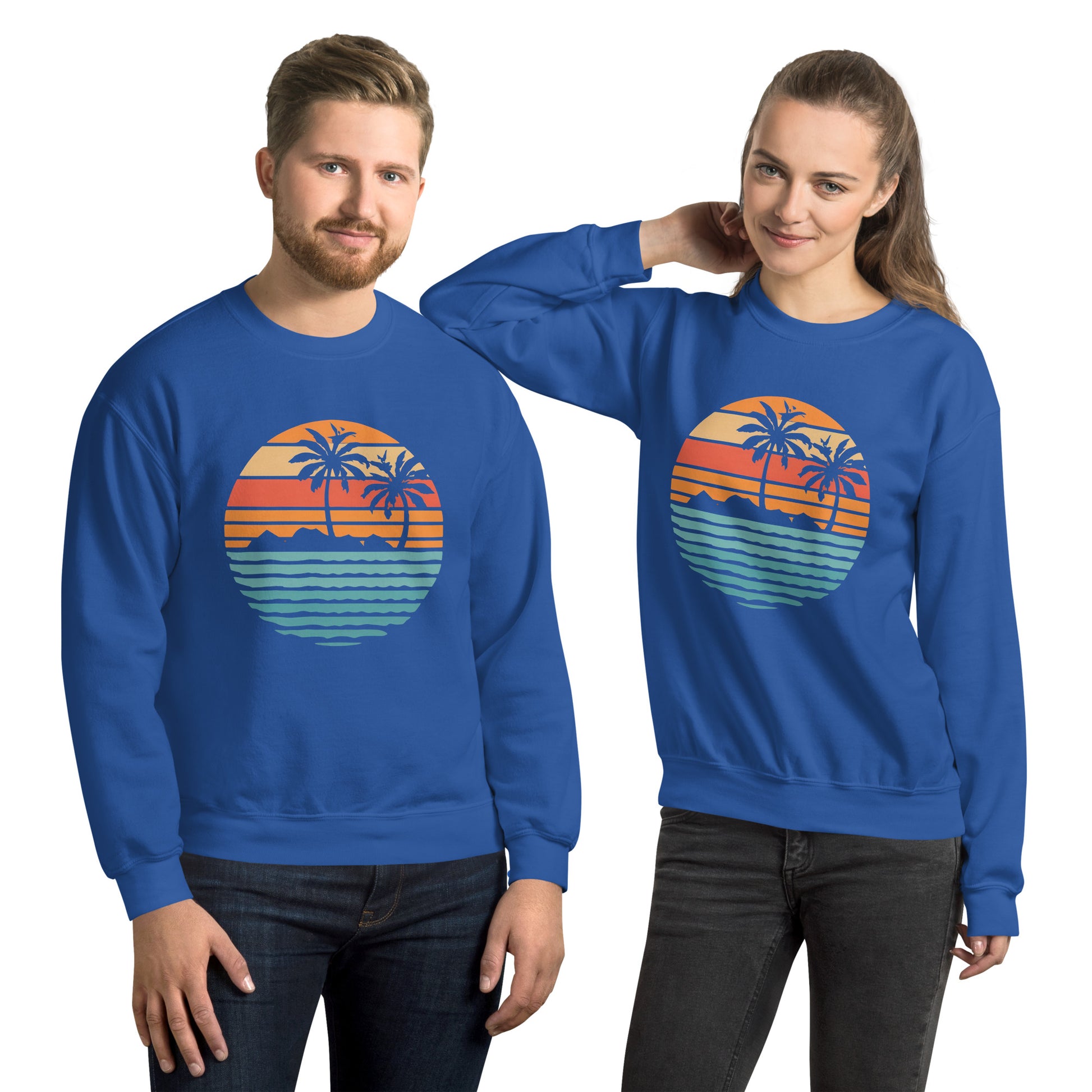 Men and women with royal blue sweatshirt and a print of retro island