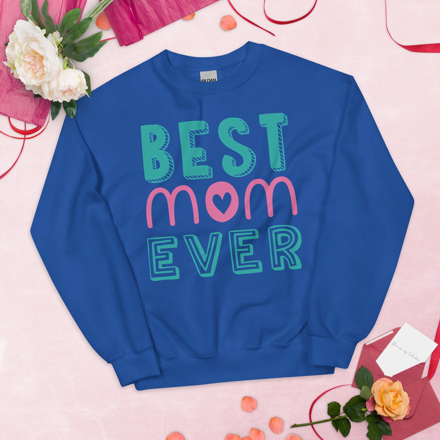 royal blue sweatshirt with text best MOM ever