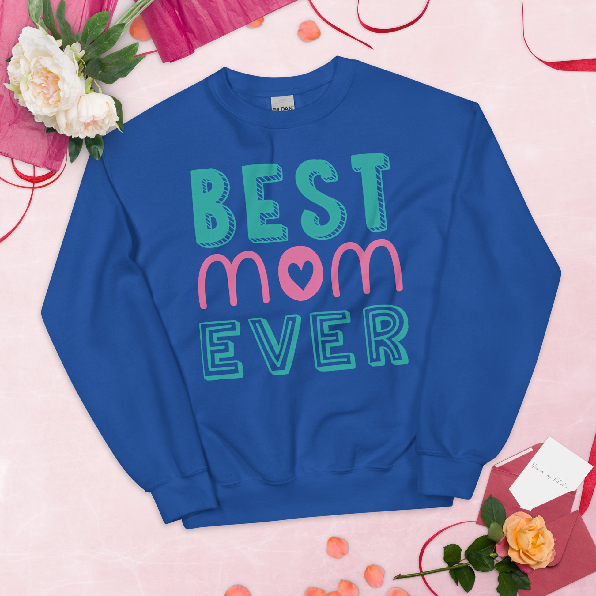 royal blue sweatshirt with text best MOM ever 