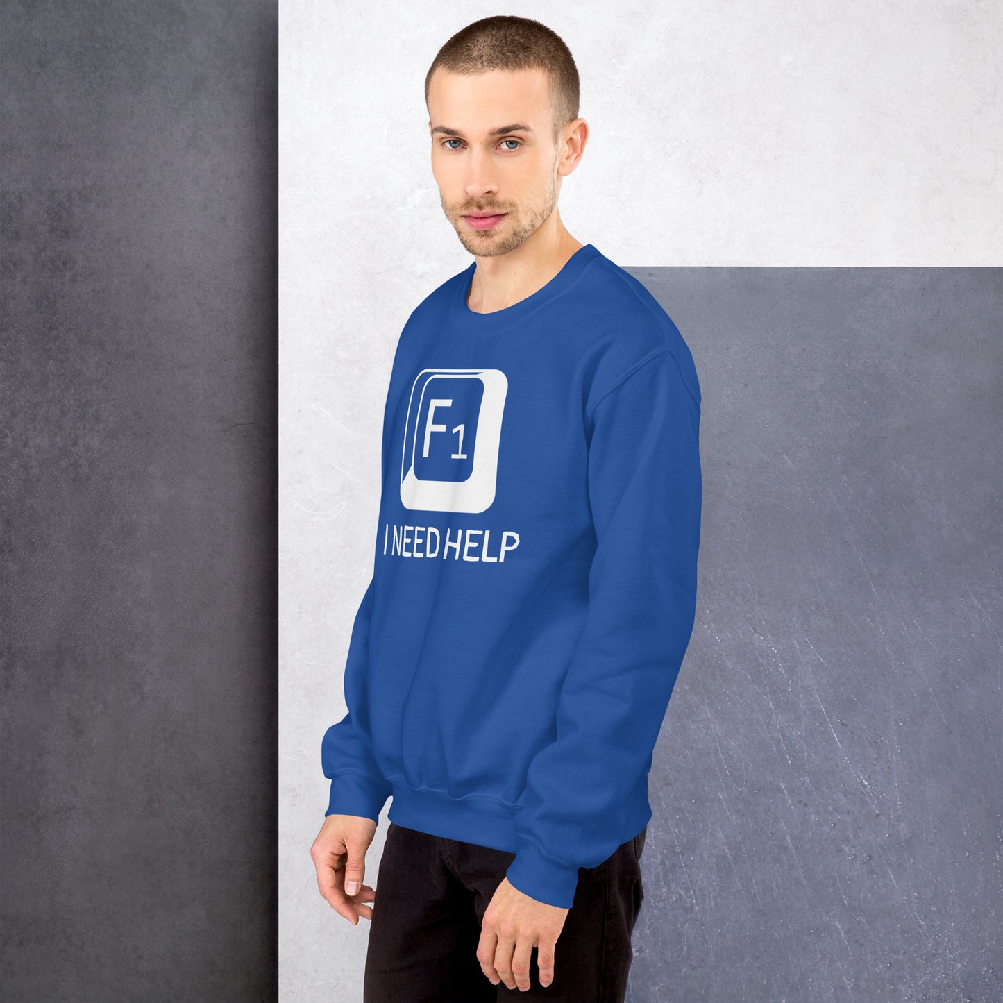 Men with royal blue sweatshirt and a picture of F1 key with text "I need help"