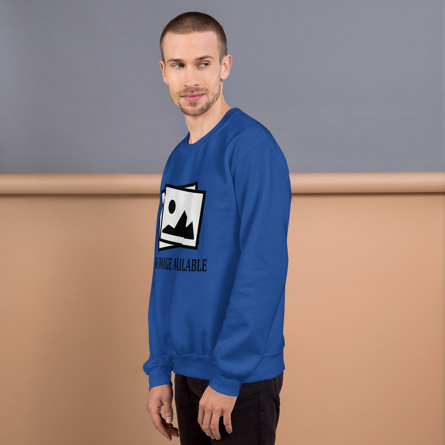 Men with royal blue sweatshirt with image and text "no image available"