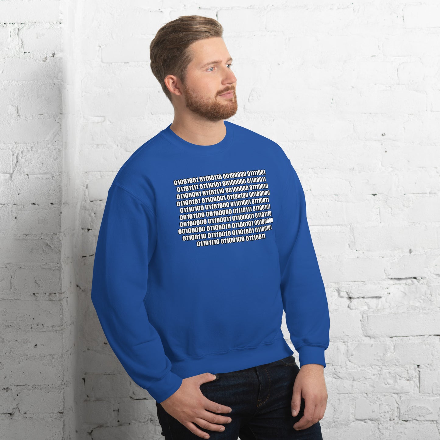 Men with royal blue sweatshirt with binaire text "If you can read this"