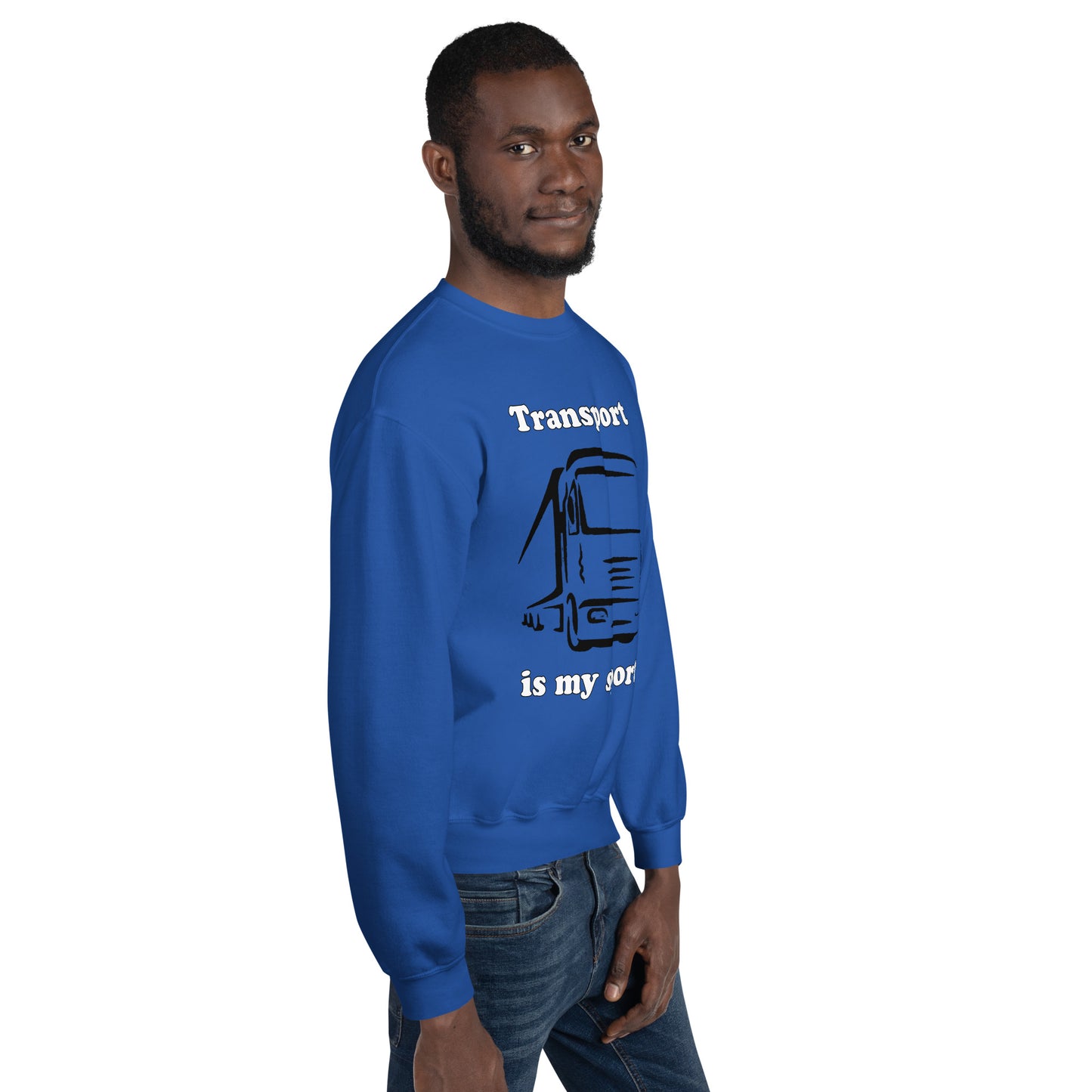Man with royal blue sweatshirt with picture of truck and text "Transport is my sport"