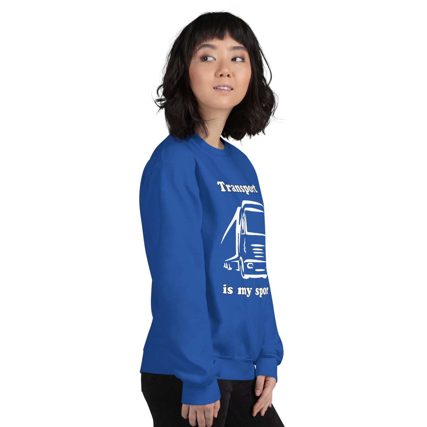 Woman with royal blue sweatshirt with picture of truck and text "Transport is my sport"
