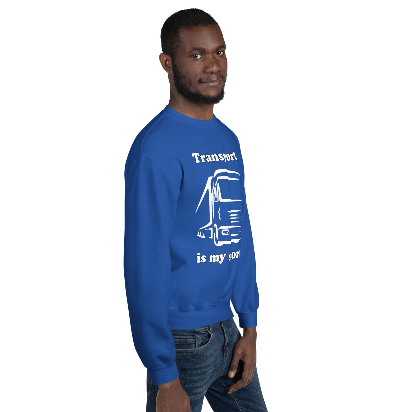 Man with royal blue sweatshirt with picture of truck and text "Transport is my sport"