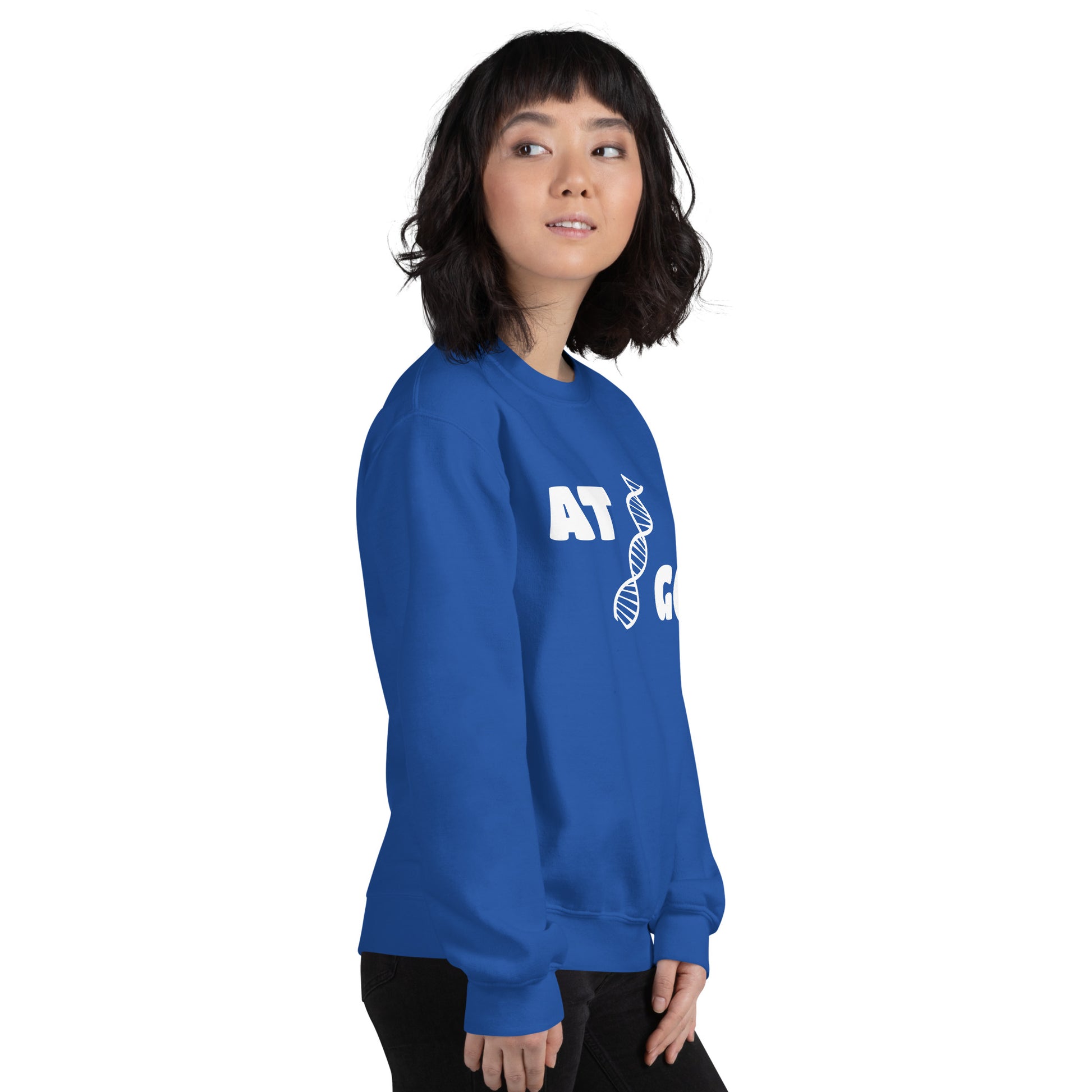 Women with royal blue sweatshirt with image of a DNA string and the text "ATGC"