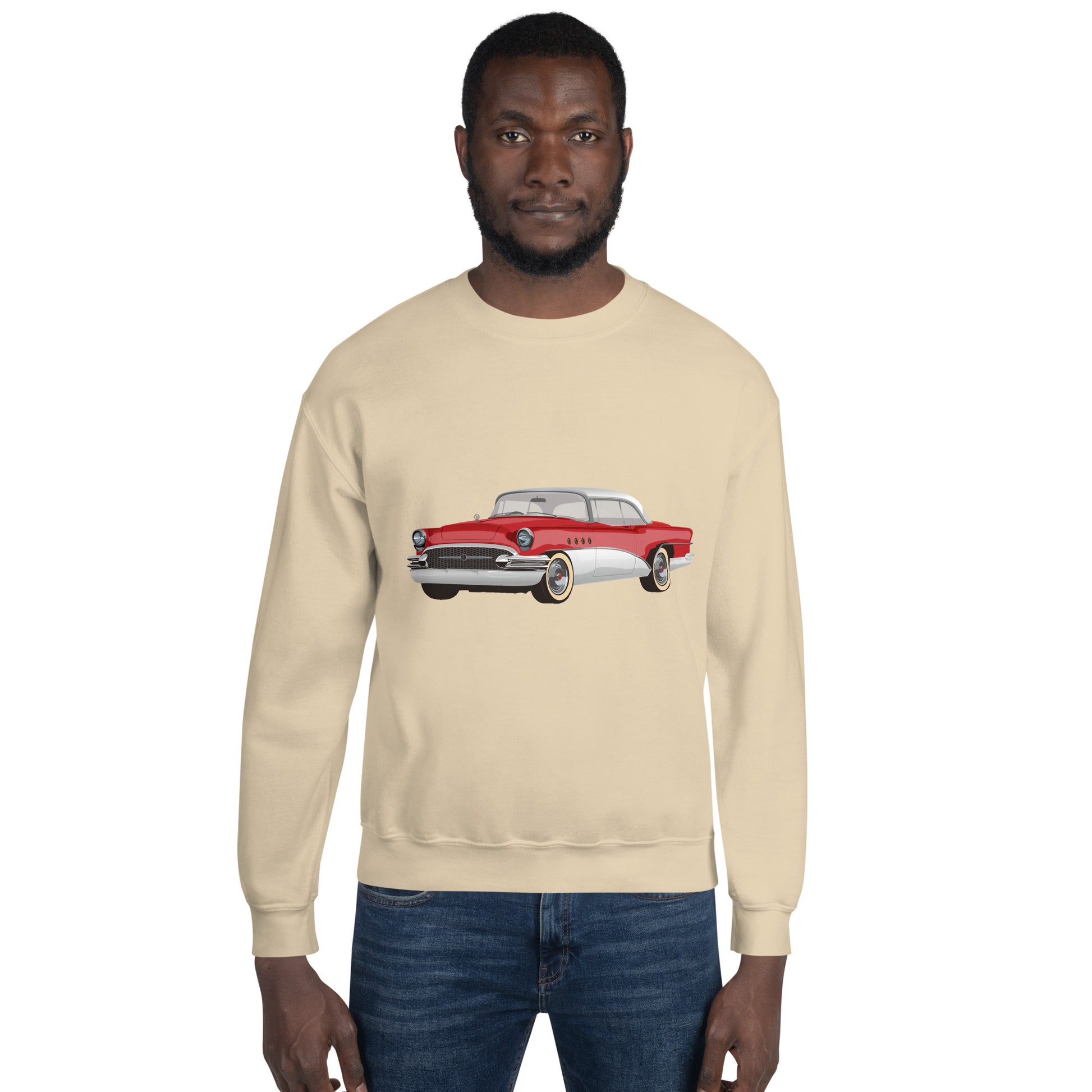 Man with sand sweatshirt with red chevrolet