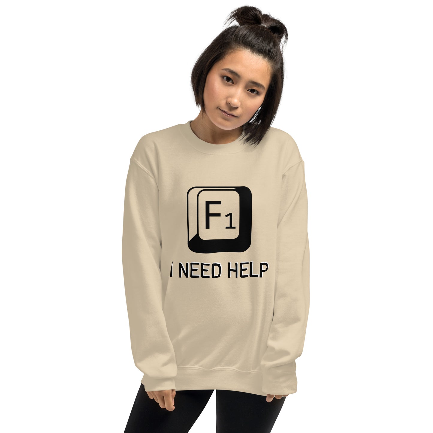 Women with sand sweatshirt and a picture of F1 key with text "I need help"