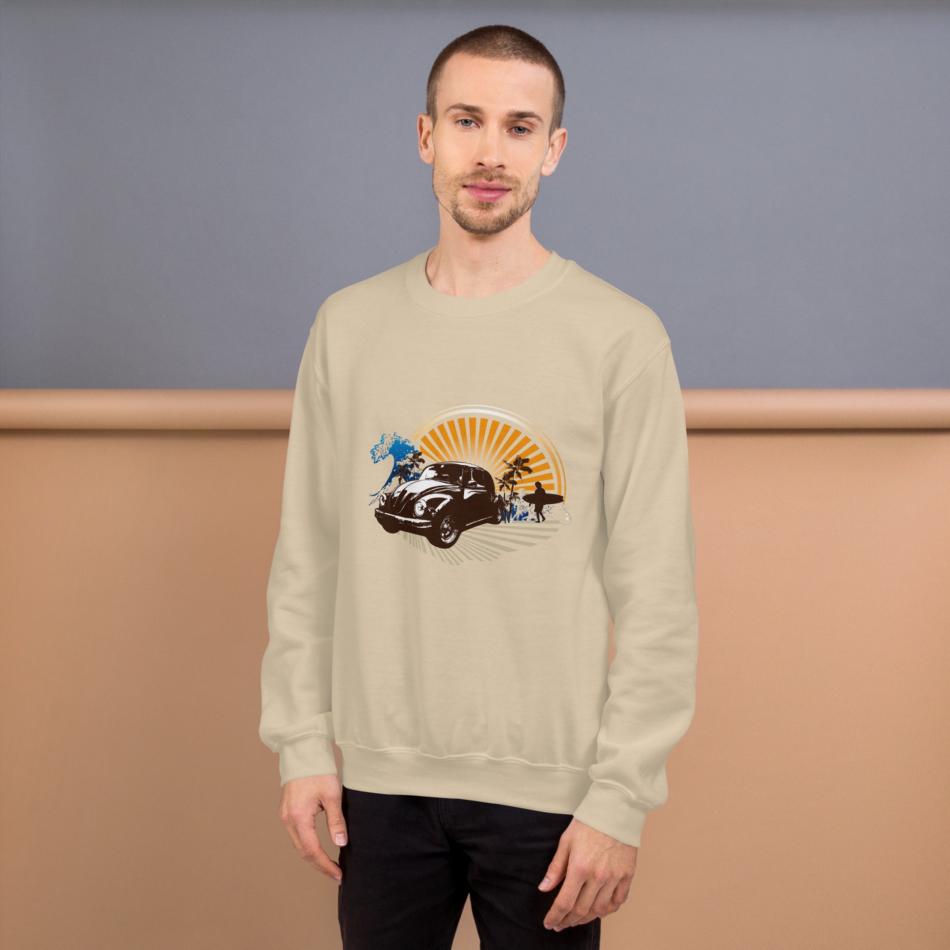 Men with sand sweatshirt with sunset and beetle car