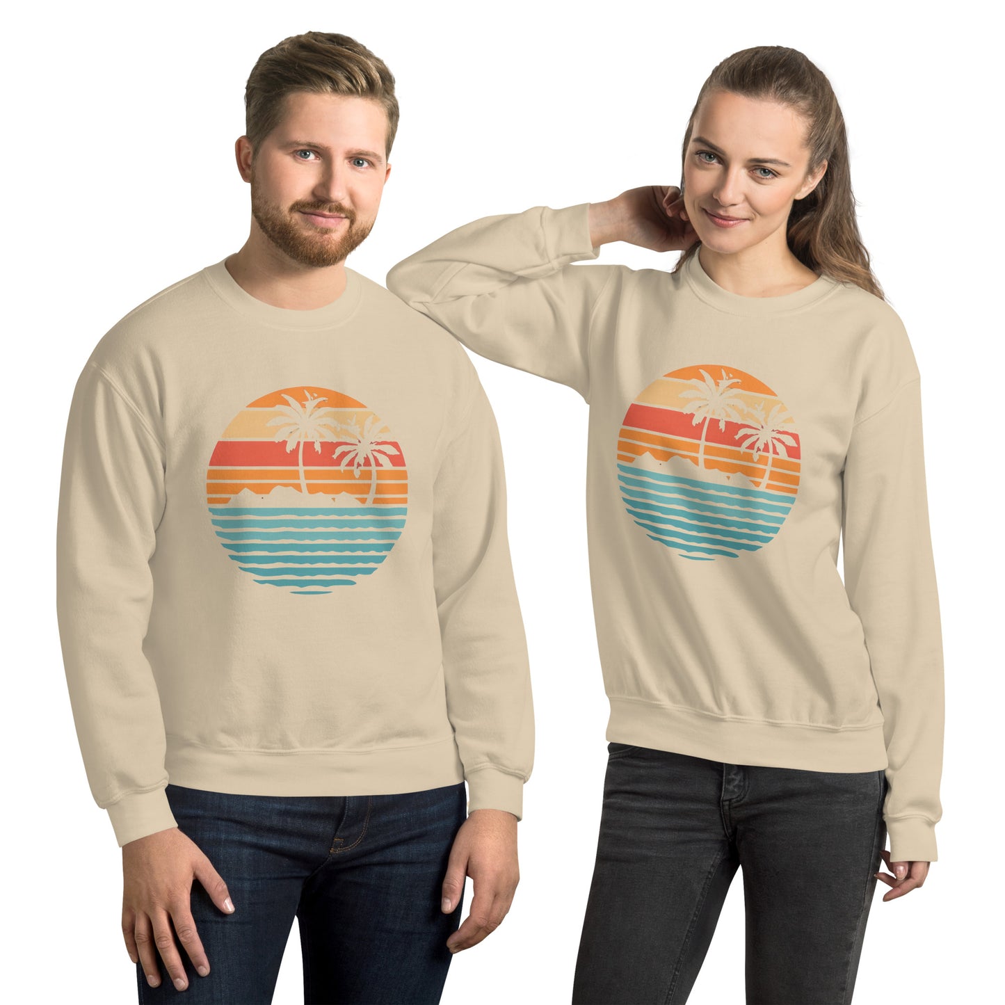 Men and women with sand sweatshirt and a print of retro island