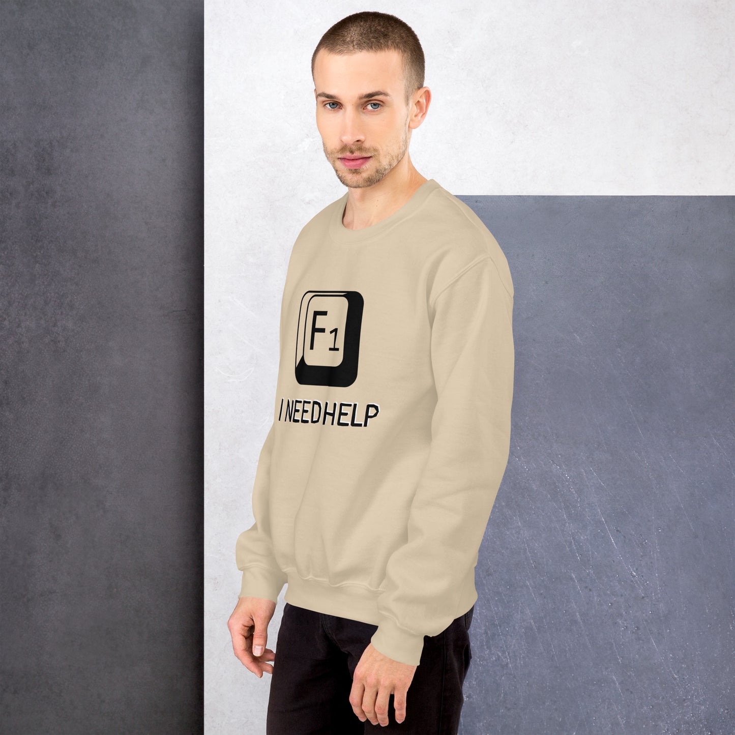 Men with sand sweatshirt and a picture of F1 key with text "I need help"