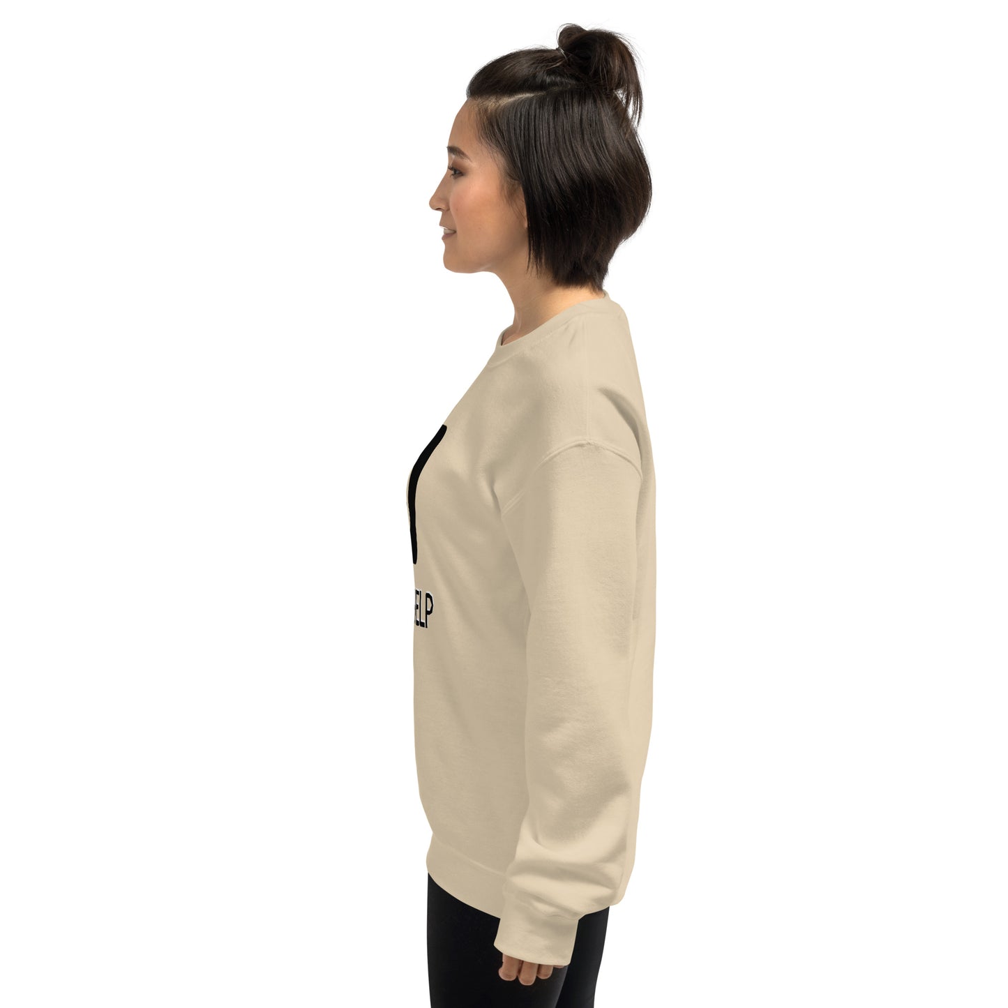 Women with sand sweatshirt and a picture of F1 key with text "I need help"