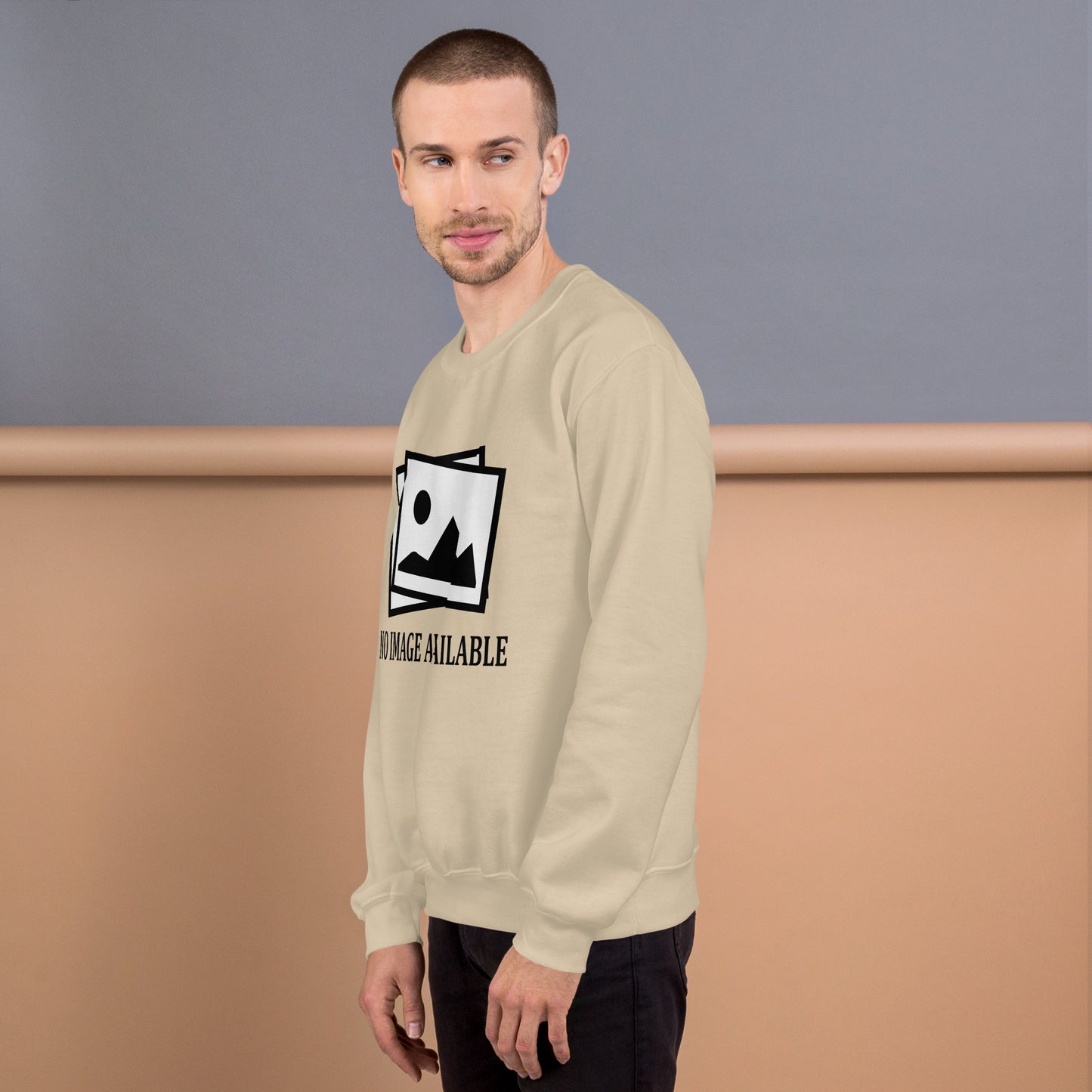 Men with sand sweatshirt with image and text "no image available"