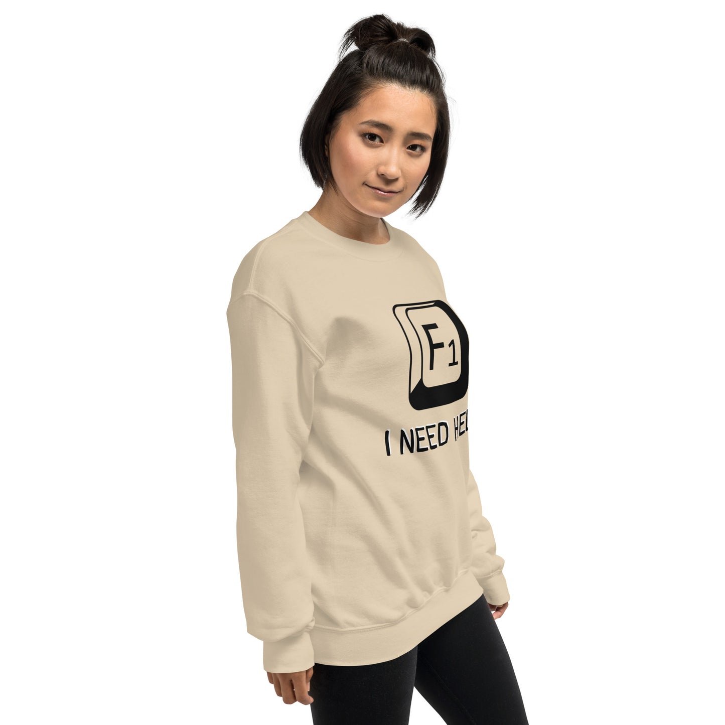 Women with sand sweatshirt and a picture of F1 key with text "I need help"
