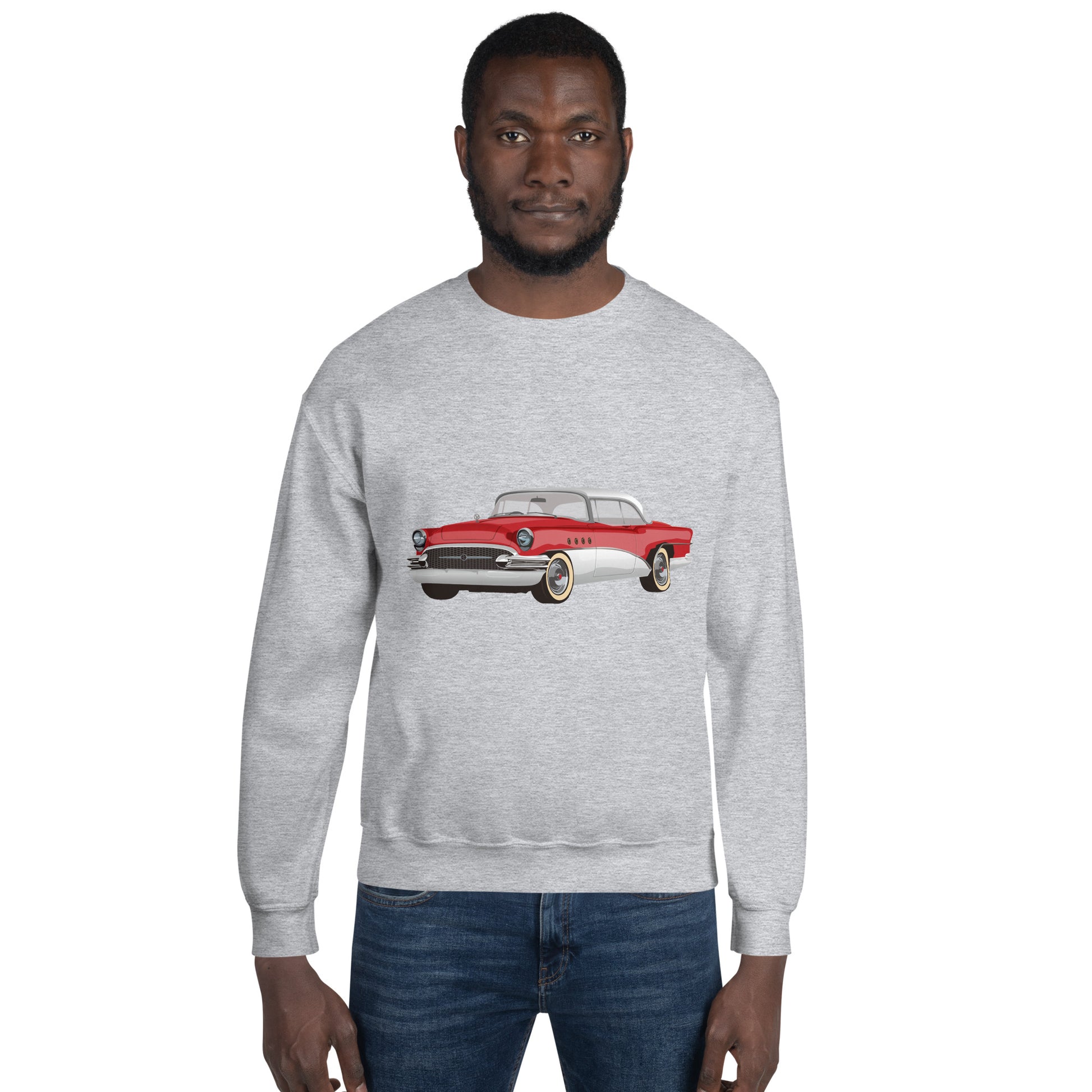 Man with sport grey sweatshirt with red chevrolet