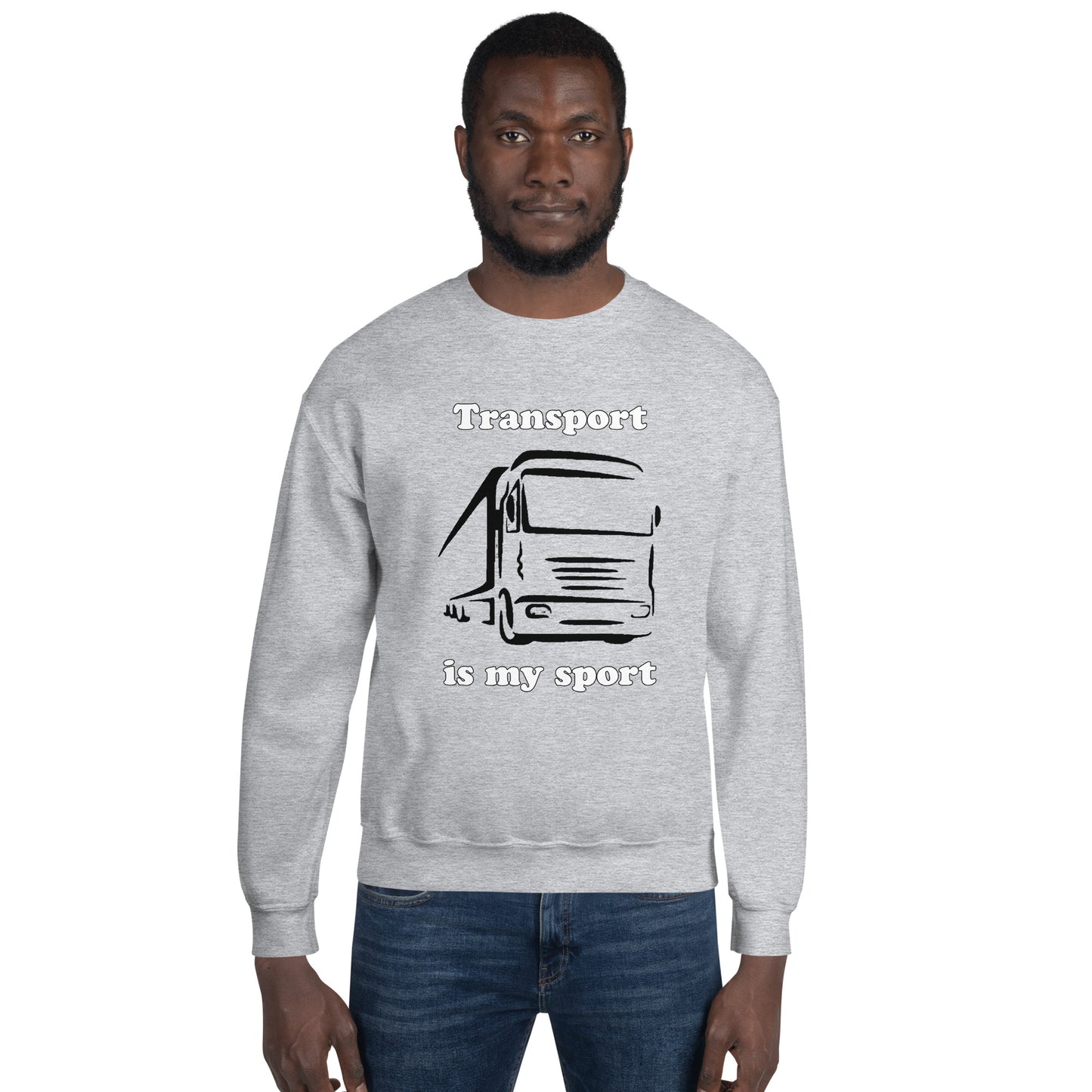 Man with grey sweatshirt with picture of truck and text "Transport is my sport"