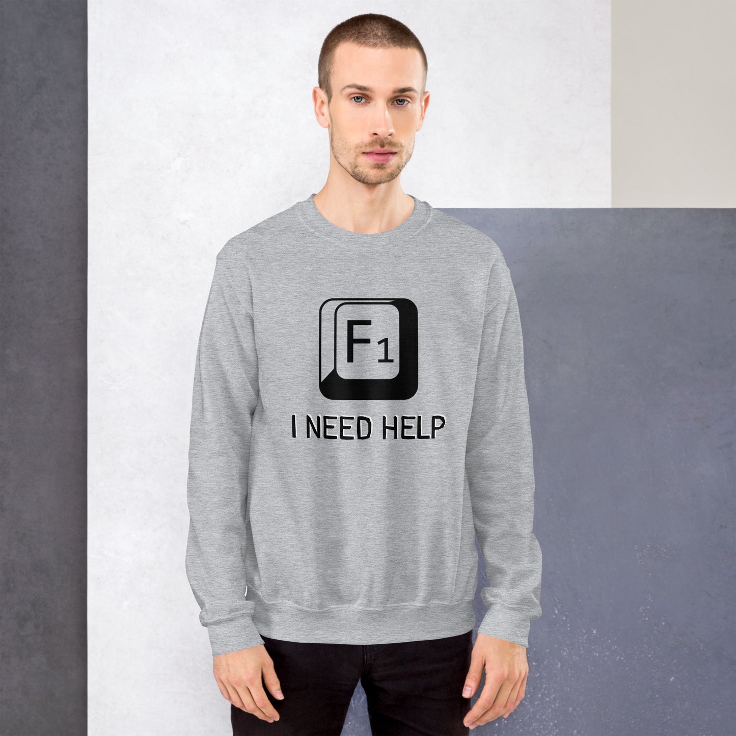 Men with sport grey sweatshirt and a picture of F1 key with text "I need help"
