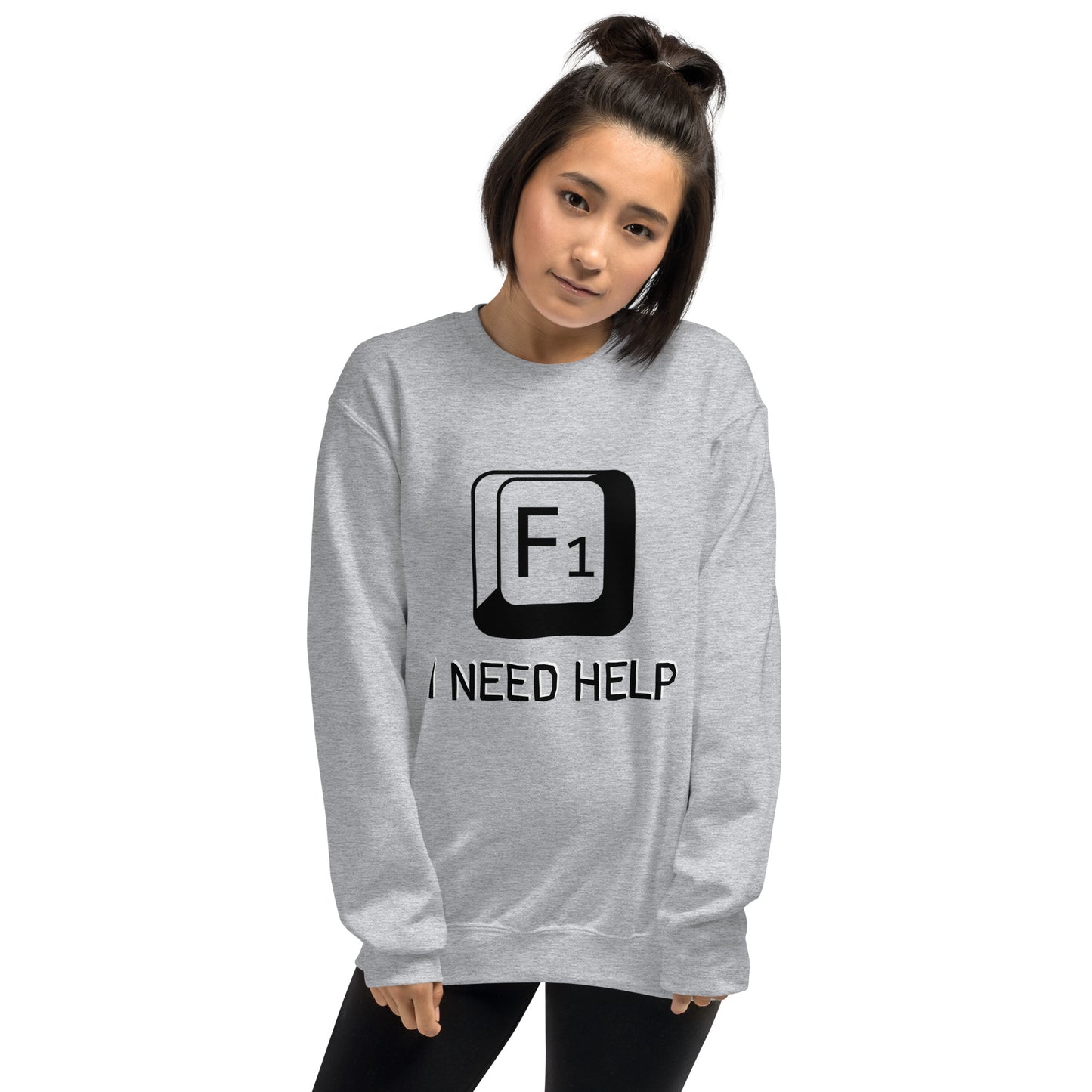 Women with sport grey sweatshirt and a picture of F1 key with text "I need help"