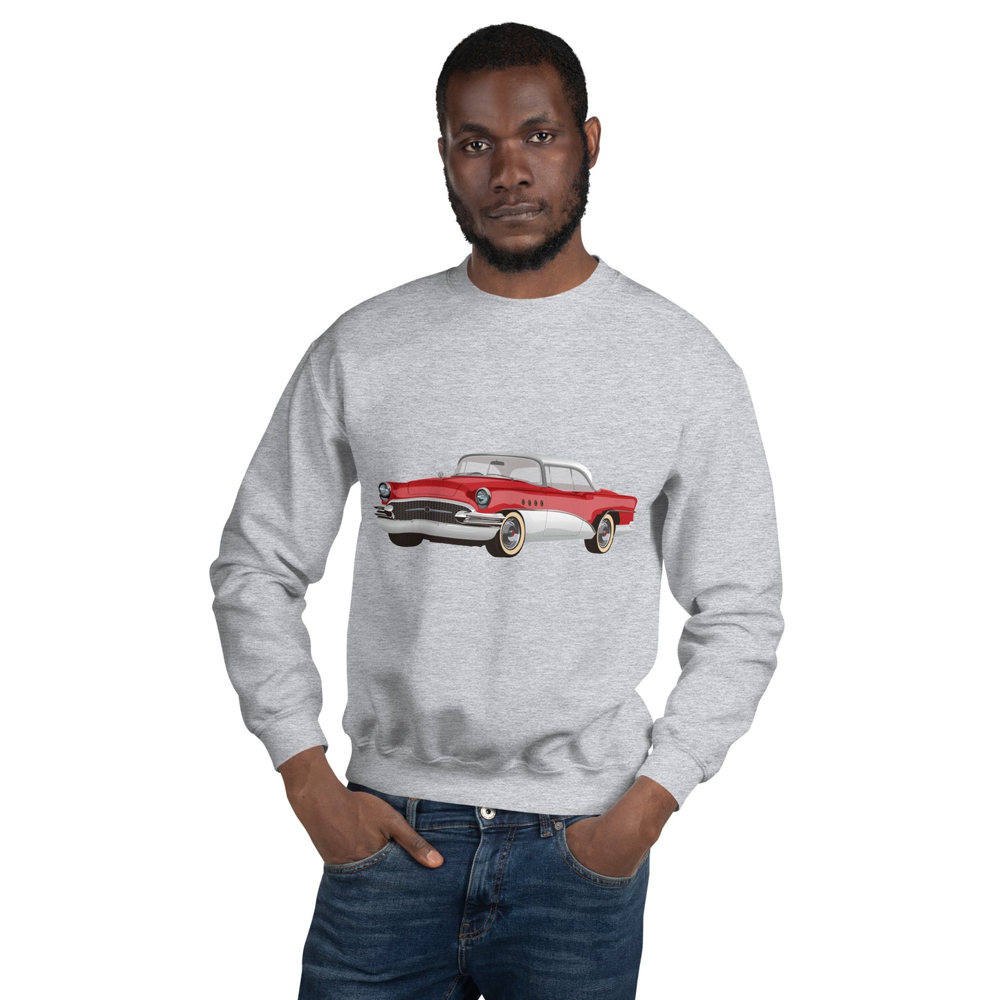 Man with sport grey sweatshirt with red chevrolet