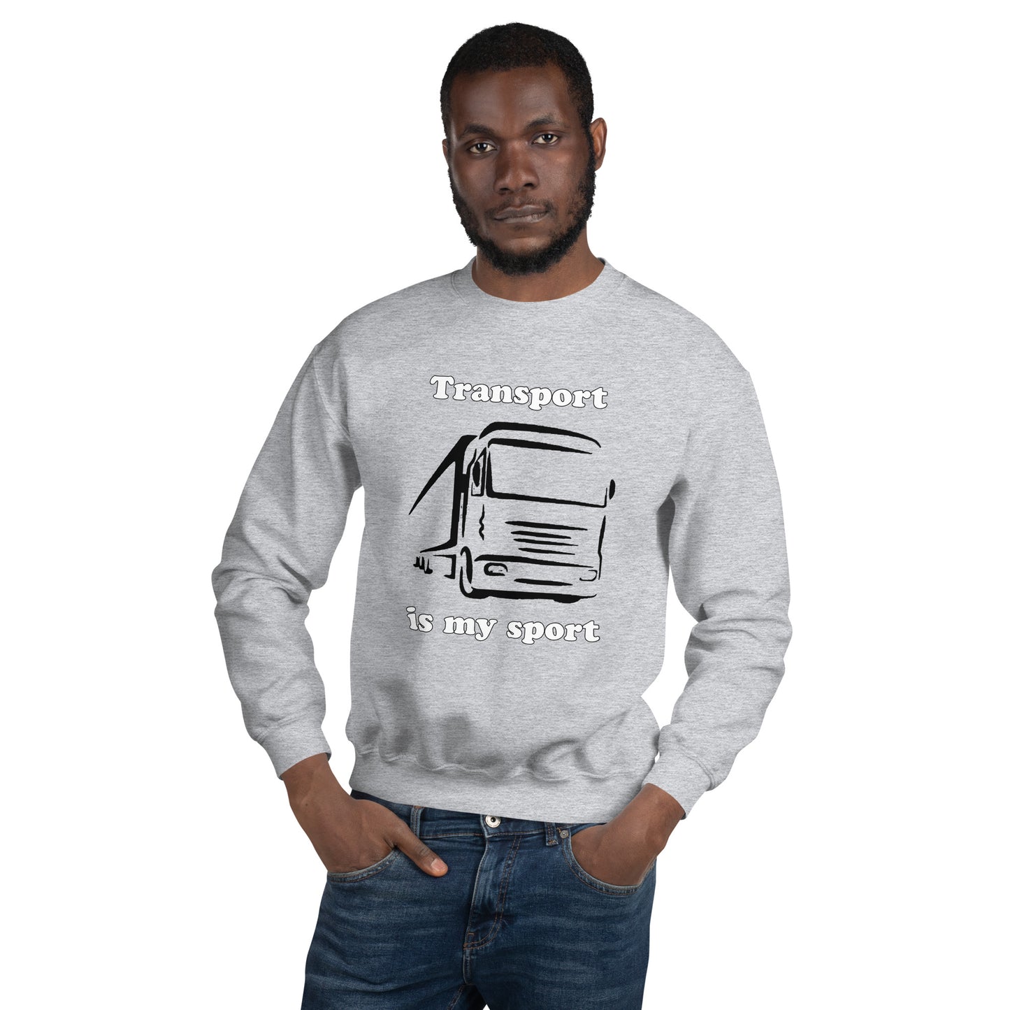 Man with grey sweatshirt with picture of truck and text "Transport is my sport"