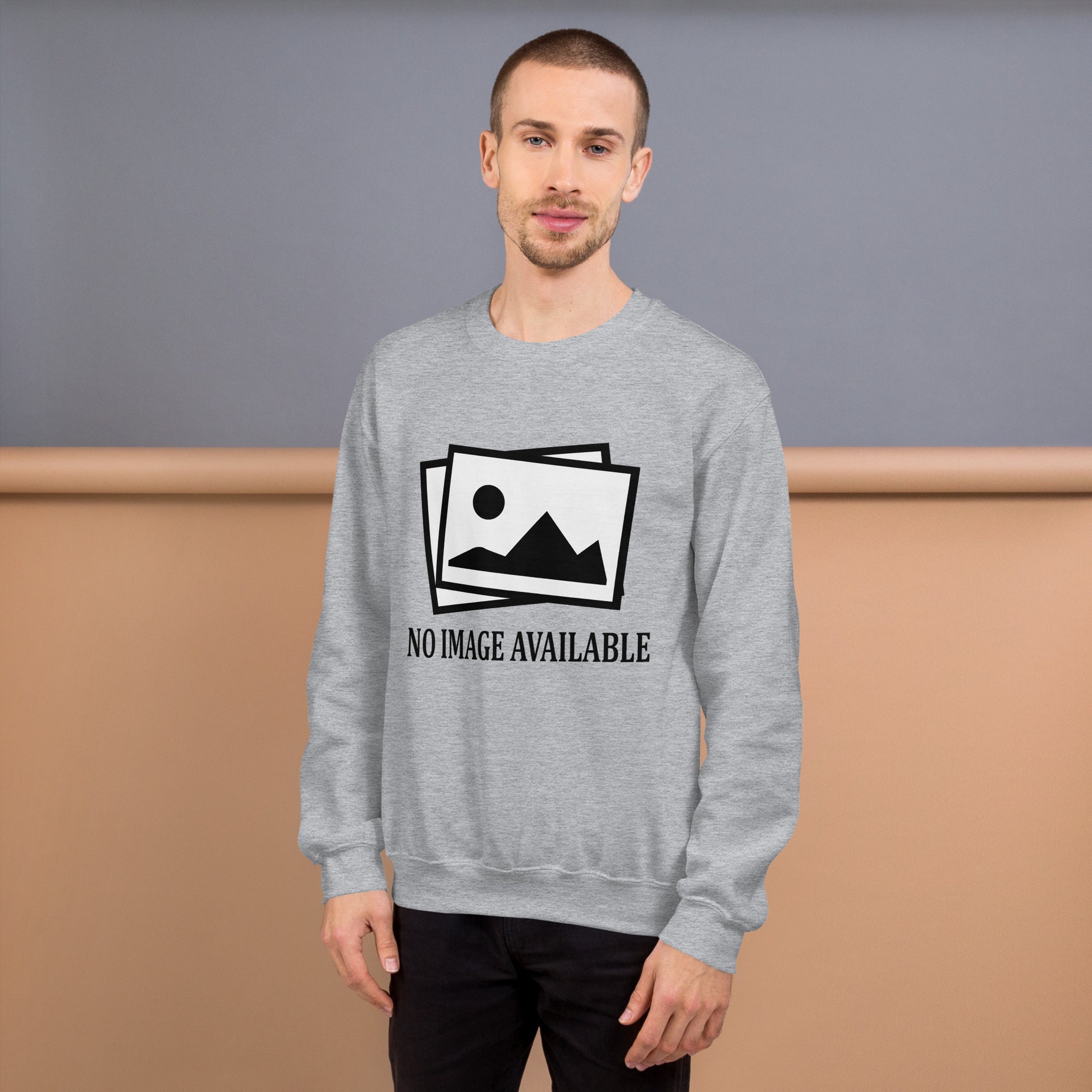 Men with grey sweatshirt with image and text "no image available"
