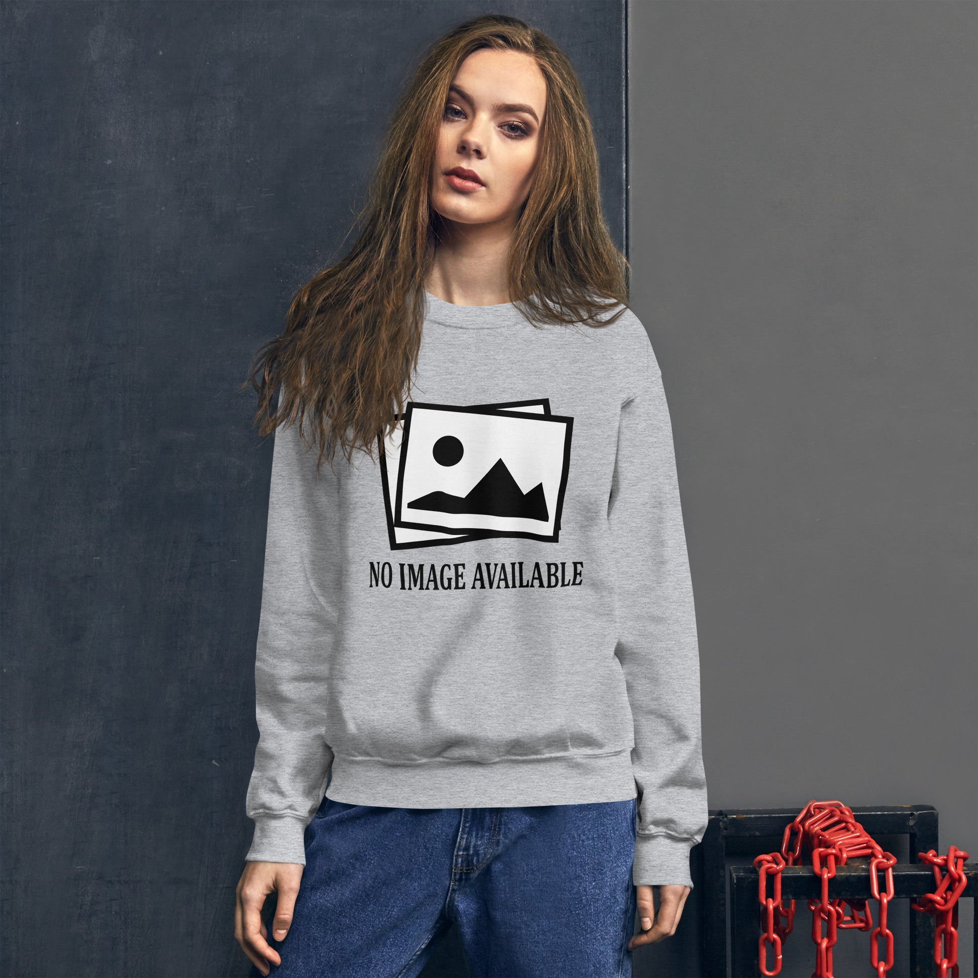 Women with grey sweatshirt with image and text "no image available"