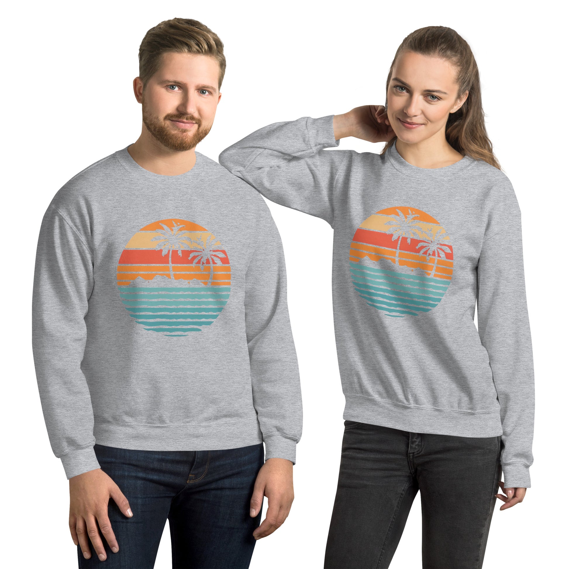 Men and women with grey sweatshirt and a print of retro island