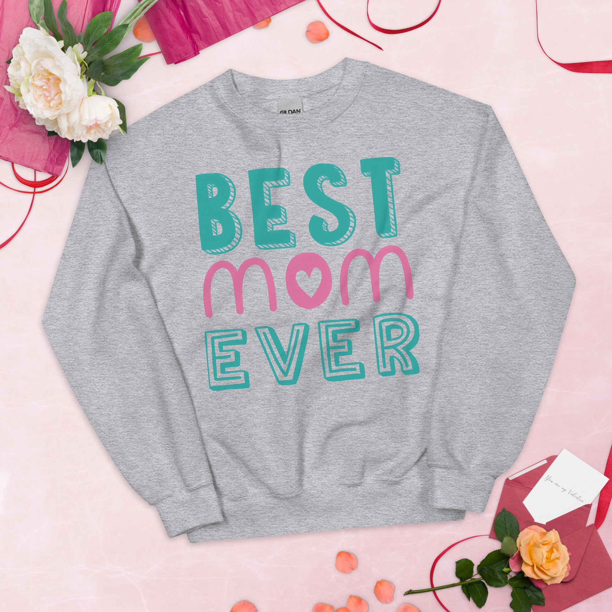 grey sweatshirt with text best MOM ever 