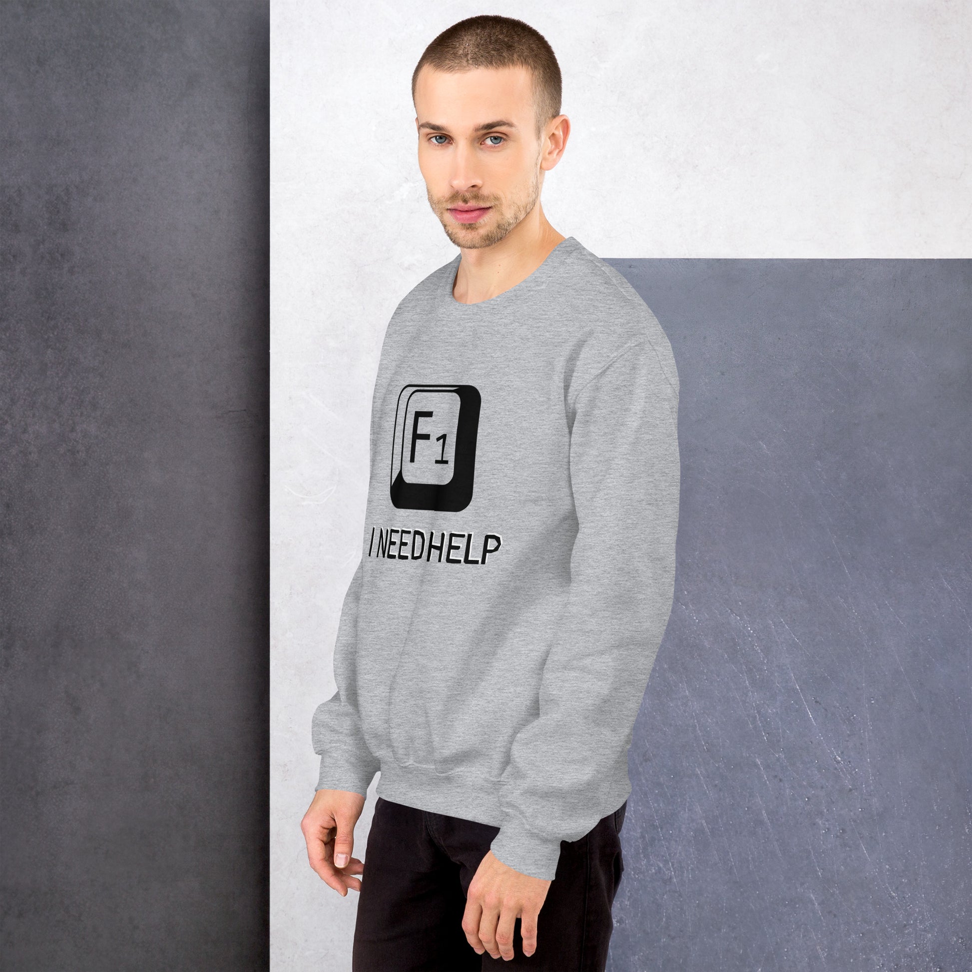 Men with sport grey sweatshirt and a picture of F1 key with text "I need help"