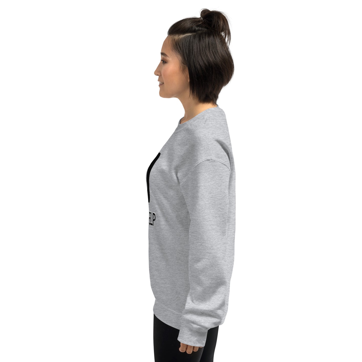 Women with sport grey sweatshirt and a picture of F1 key with text "I need help"