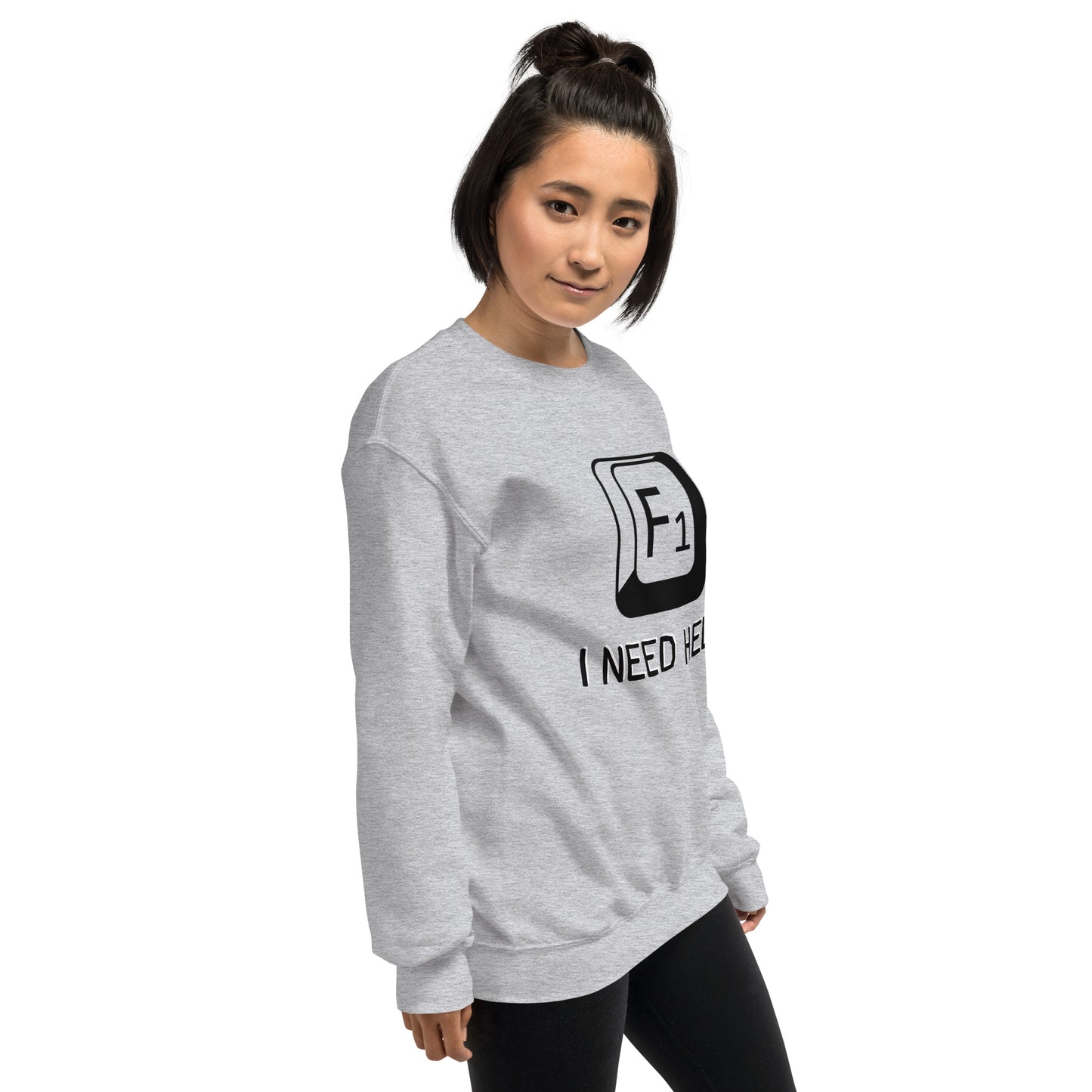 Women with sport grey sweatshirt and a picture of F1 key with text "I need help"
