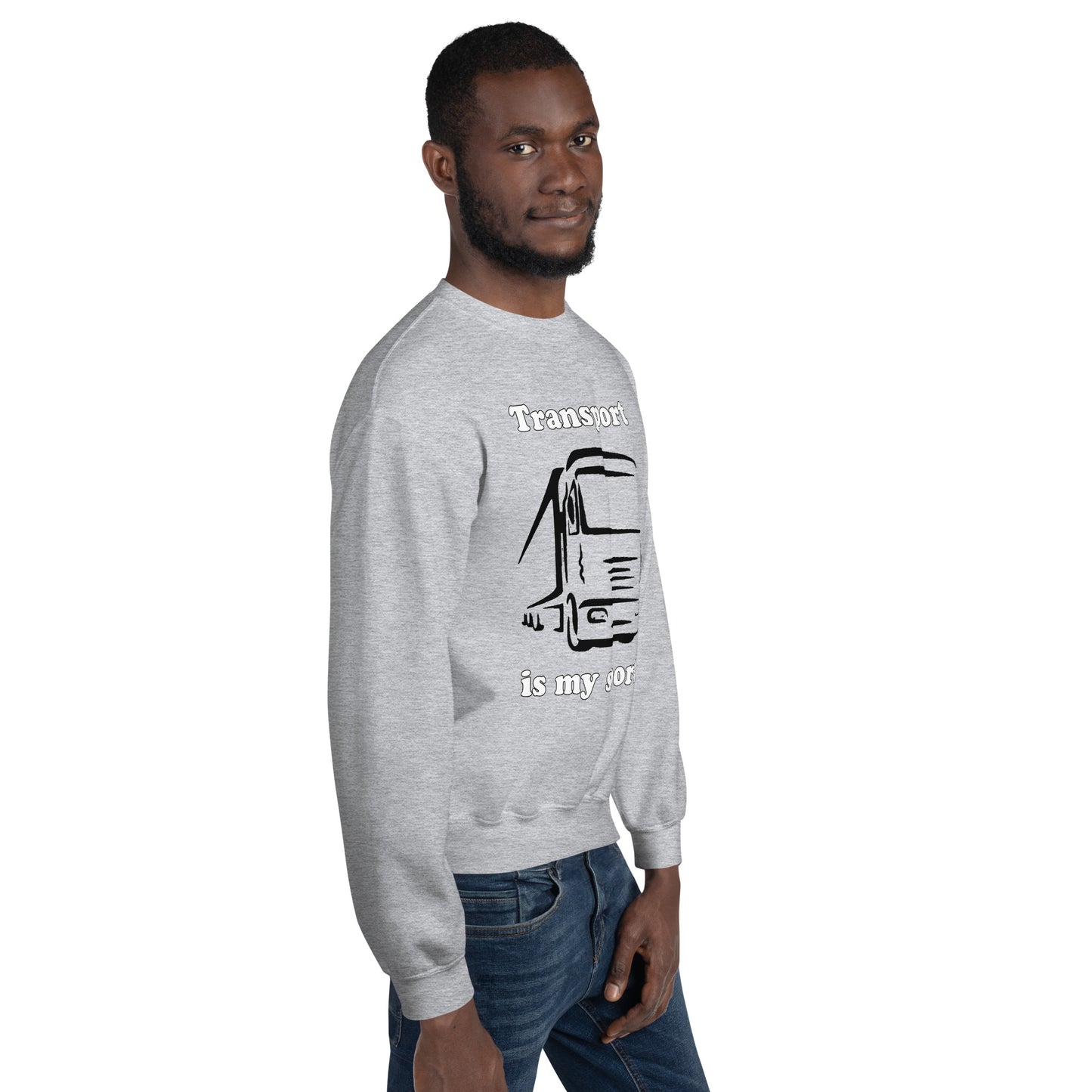 Man with grey sweatshirt with picture of truck and text "Transport is my sport"