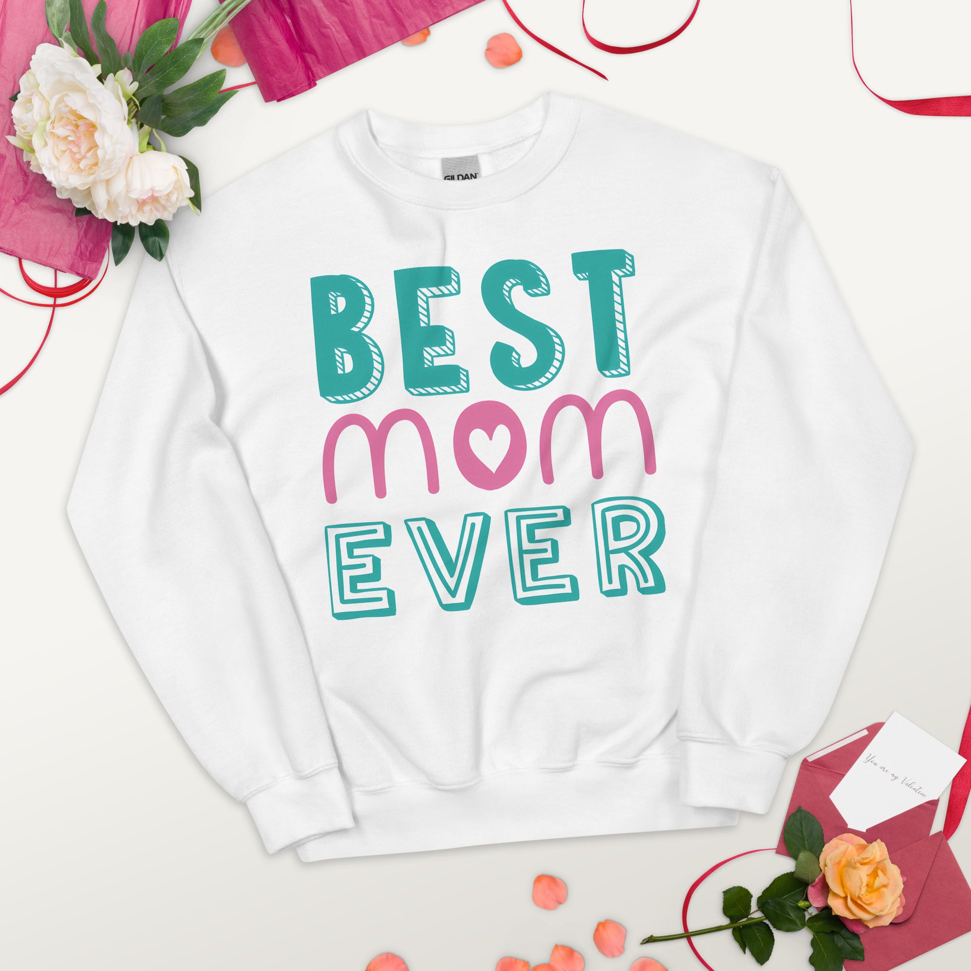 white sweatshirt with text best MOM ever 