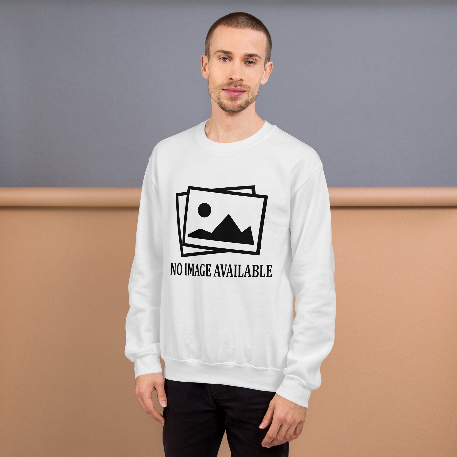 Men with white sweatshirt with image and text "no image available"