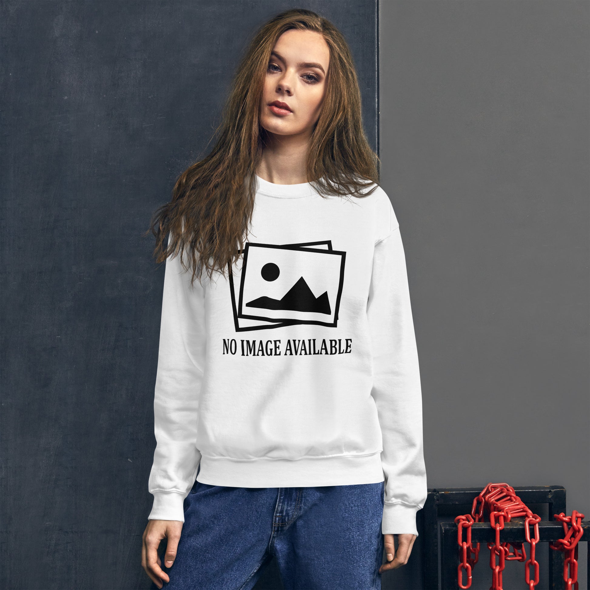 Women with white sweatshirt with image and text "no image available"