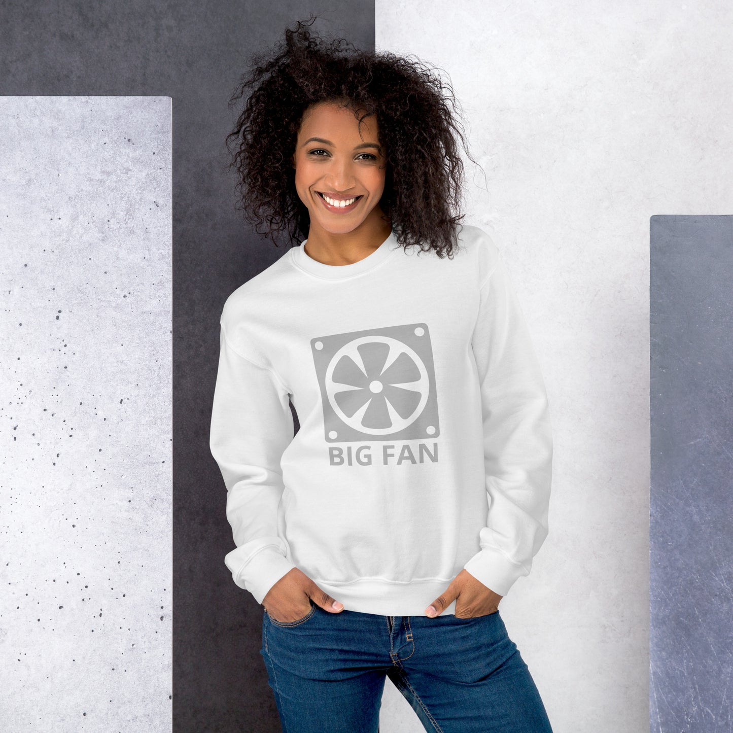 Women with white sweatshirt with image of a big computer fan and the text "BIG FAN"