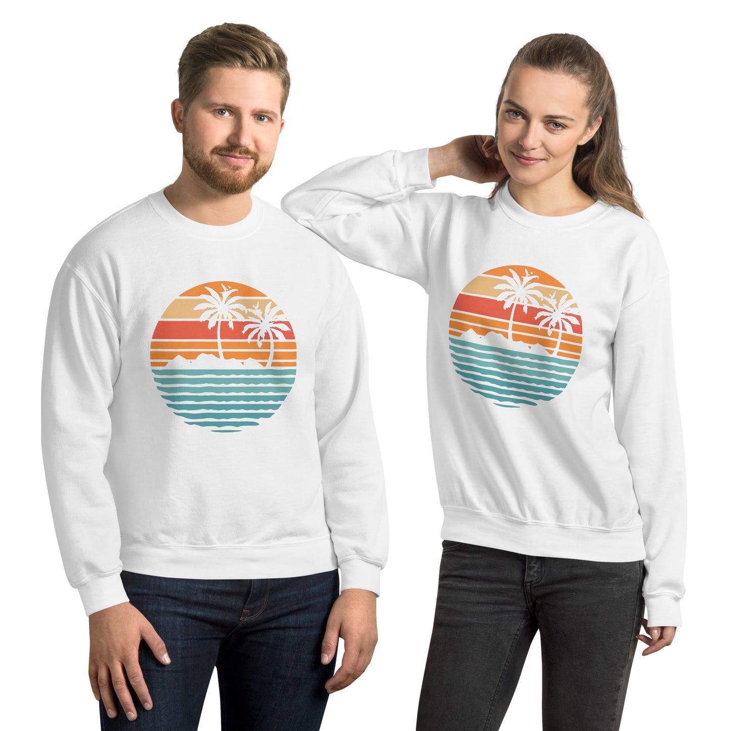 Men and women with white sweatshirt and a print of retro island