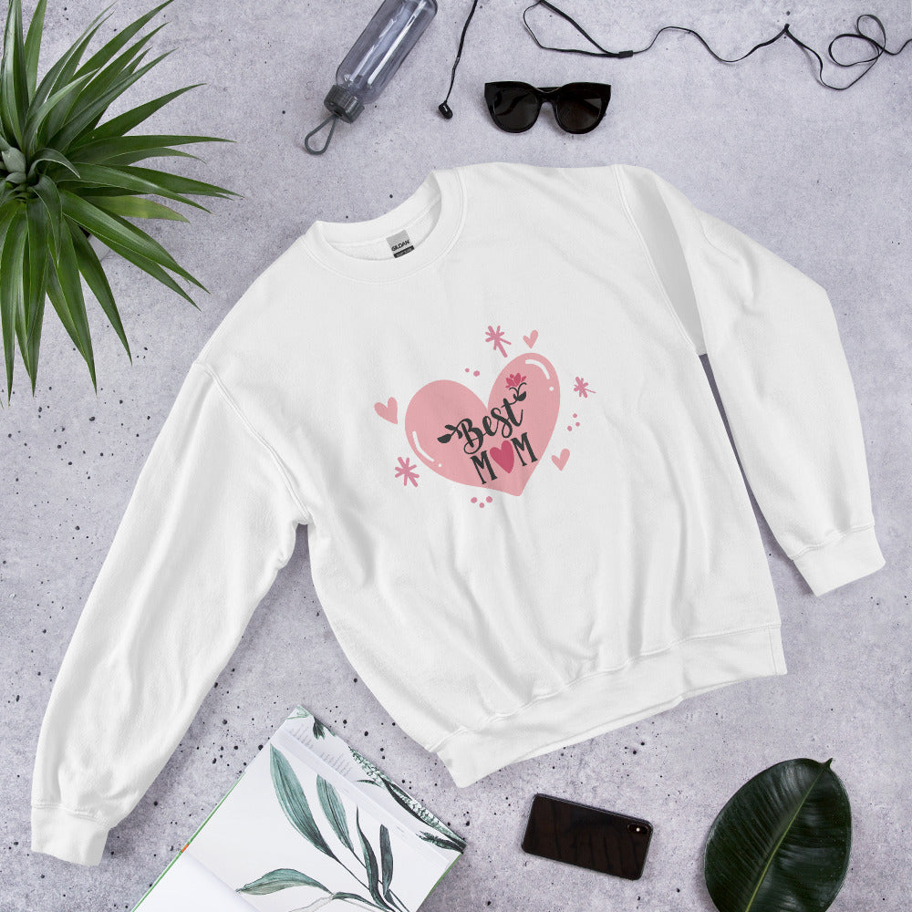 white sweatshirt with hart and text best MOM