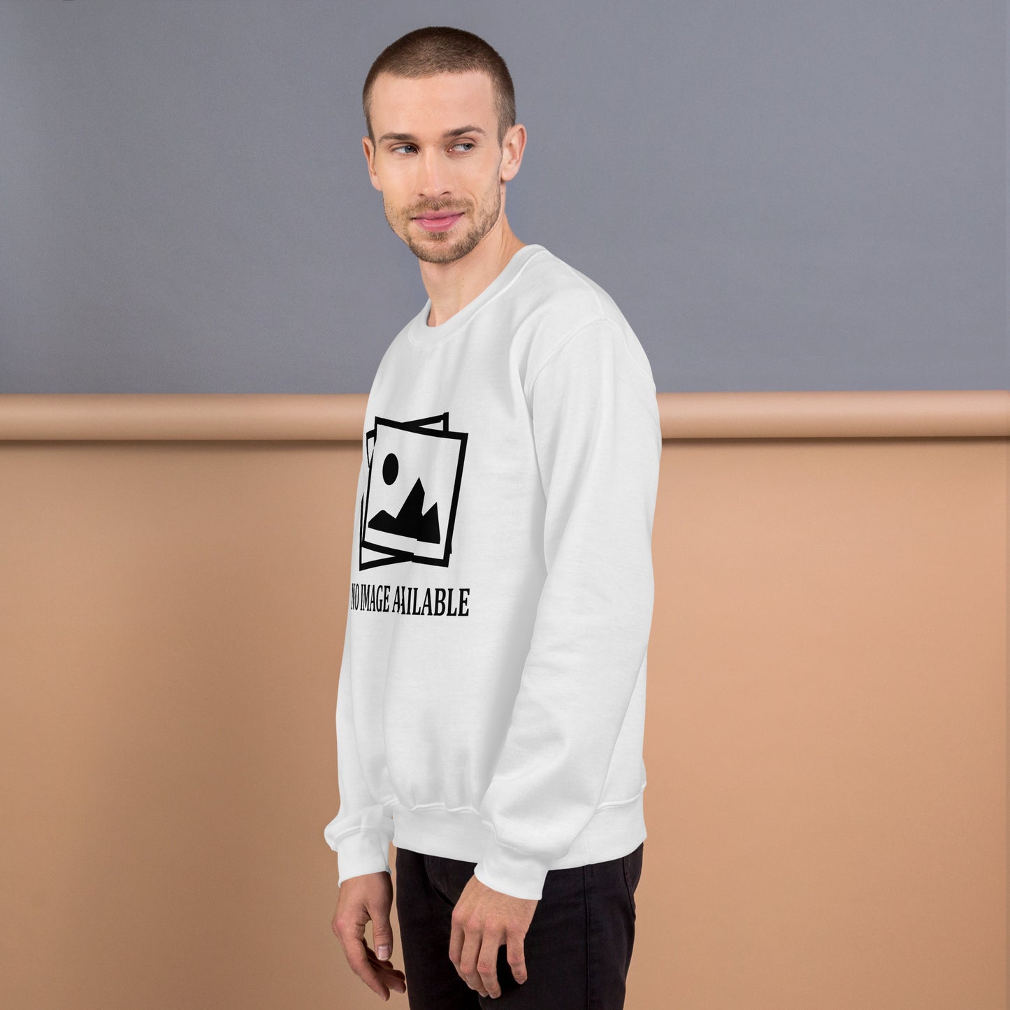 Men with white sweatshirt with image and text "no image available"